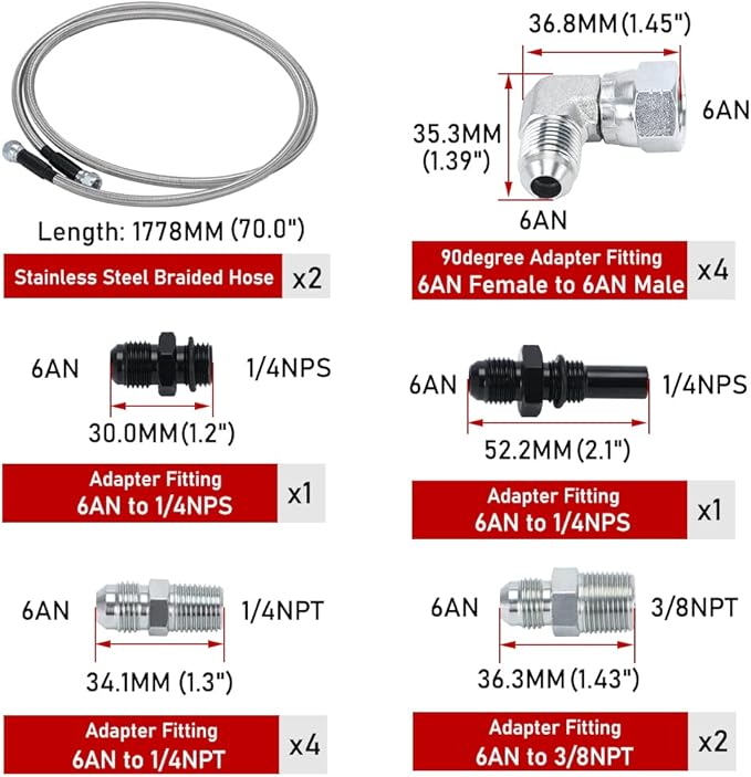 6AN 70″ Transmission Fluid Oil Cooler Hose Line kit for GM Chevy Transmission 4L80E TH350 TH400 4L60E 700R4 200-4R TR6060 Ford AOD 4R100 4R70W and C5 Stainless Steel Braided PTFE Hose