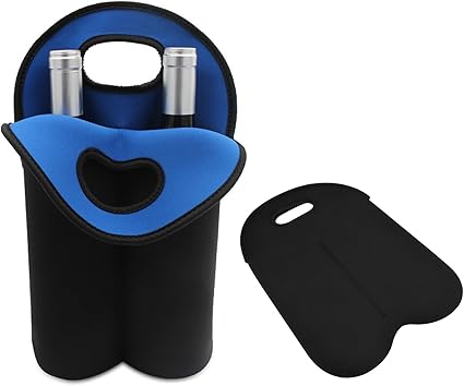 2 Bottle Wine Carrier Tote Bag for 750ML Wine Bottles, Neoprene Wine Bottle Travel Protector Bags, Reusable Insulated Wine Bag Tote Gift Bags for Travel/Restaurant/Party/Beach/Christmas, Black&blue