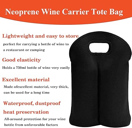 2 Bottle Wine Carrier Tote Bag for 750ML Wine Bottles, Neoprene Wine Bottle Travel Protector Bags, Reusable Insulated Wine Bag Tote Gift Bags for Travel/Restaurant/Party/Beach/Christmas, Black&blue