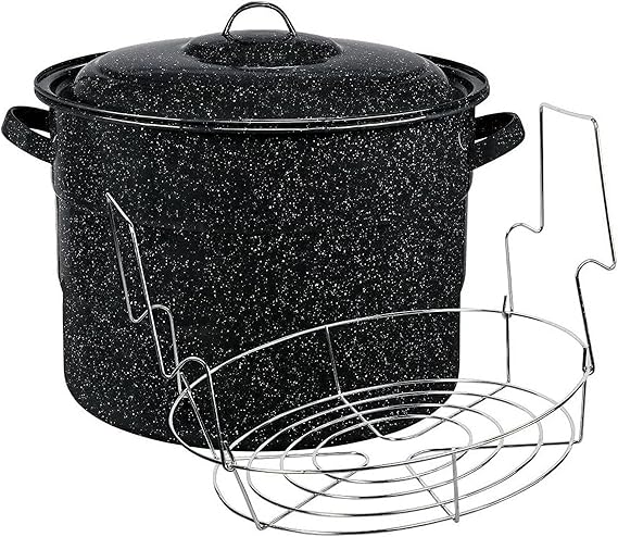 Canning Pot with Rack and Lid – Large 21 Quart Boiling Water Canning Set for Sterilizing and Preserving Jars on the Stovetop/Open Flame – Scratch Resistant Enamel and Steel Core (Black)