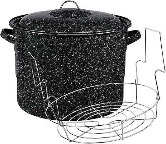 Canning Pot with Rack and Lid – Large 21 Quart Boiling Water Canning Set for Sterilizing and Preserving Jars on the Stovetop/Open Flame – Scratch Resistant Enamel and Steel Core (Black)