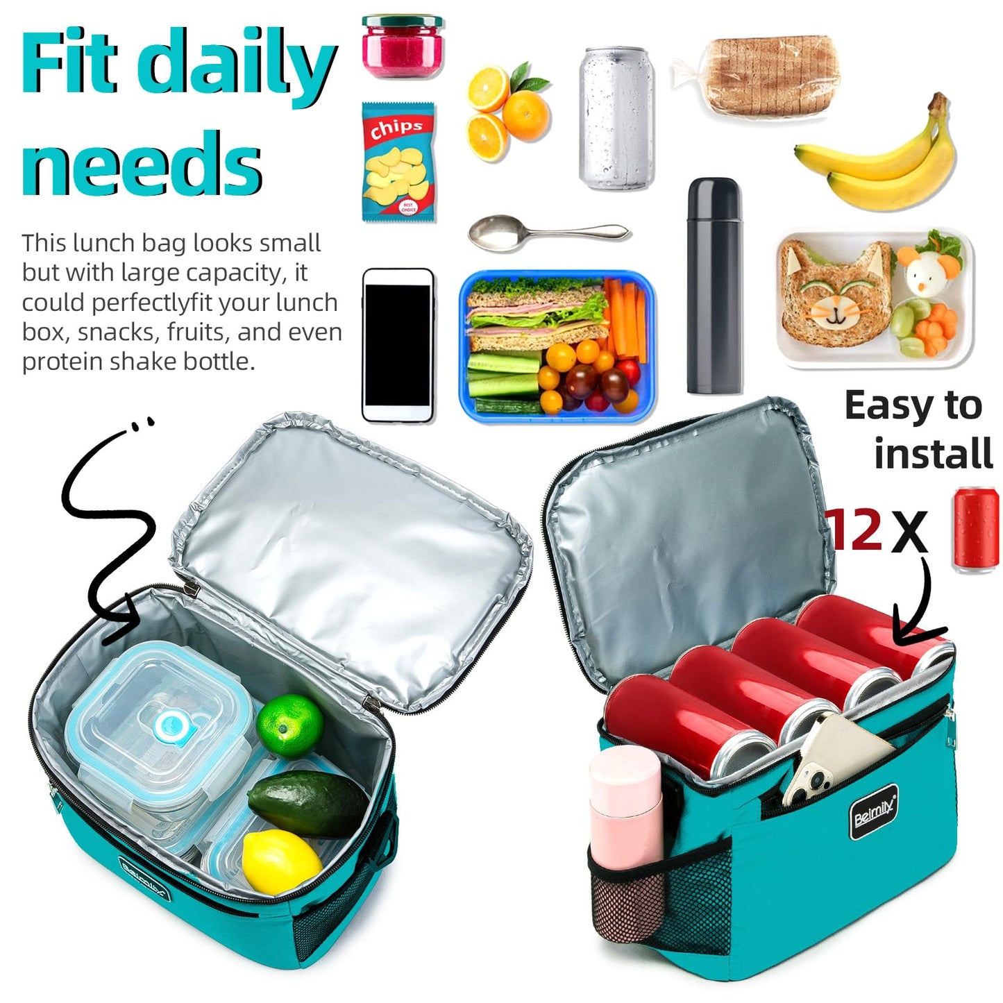 BEIMILY Lunch Box for Men/Women,Small Insulated Lunch Bag,Reusable LunchBox for work Picnic Hiking Beach,Leakproof Soft Cooler Tote Bag Organizer